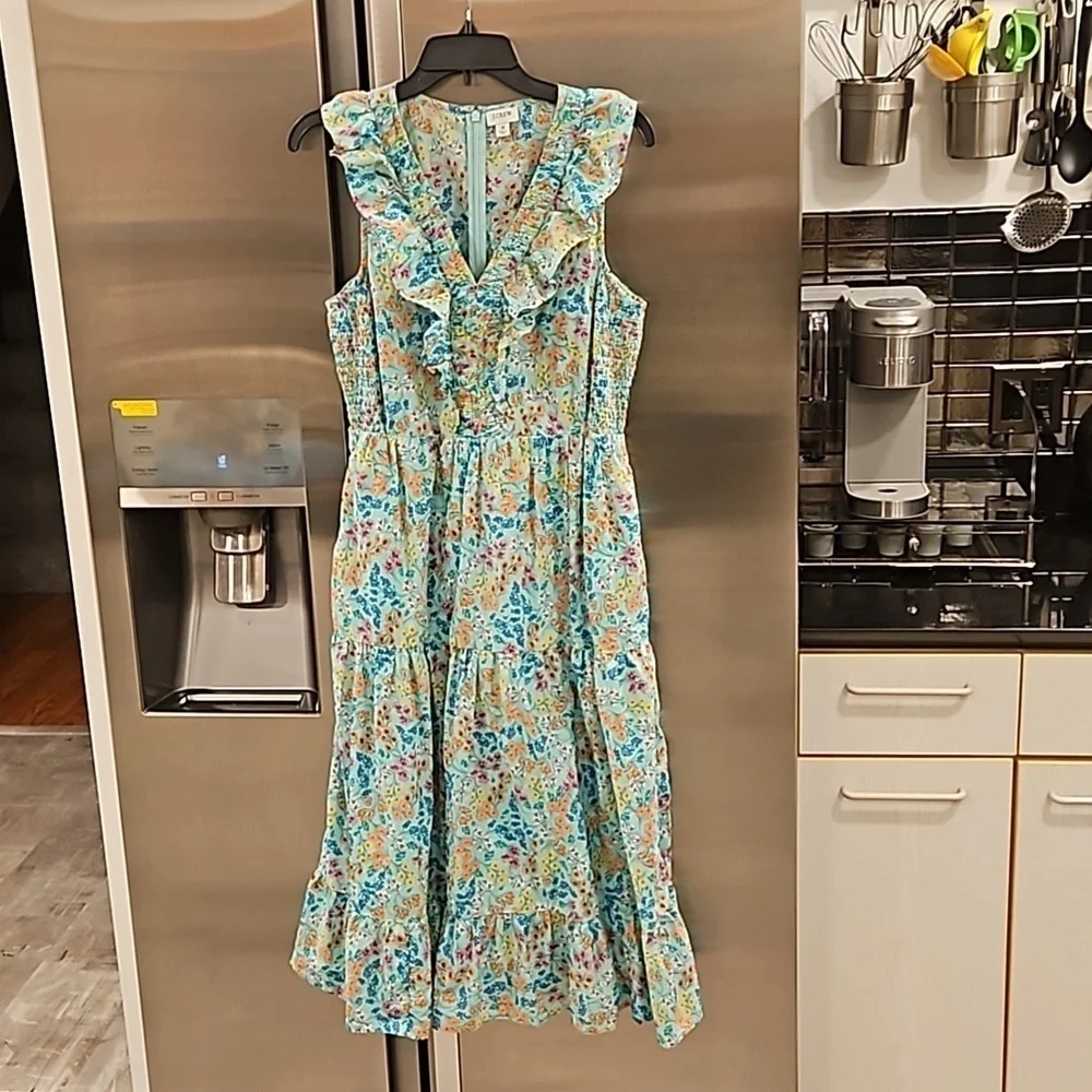 💕J. CREW💕 Printed V-Neck Smocked Midi Dress ~ Fresh Spearmint Floral Print 8